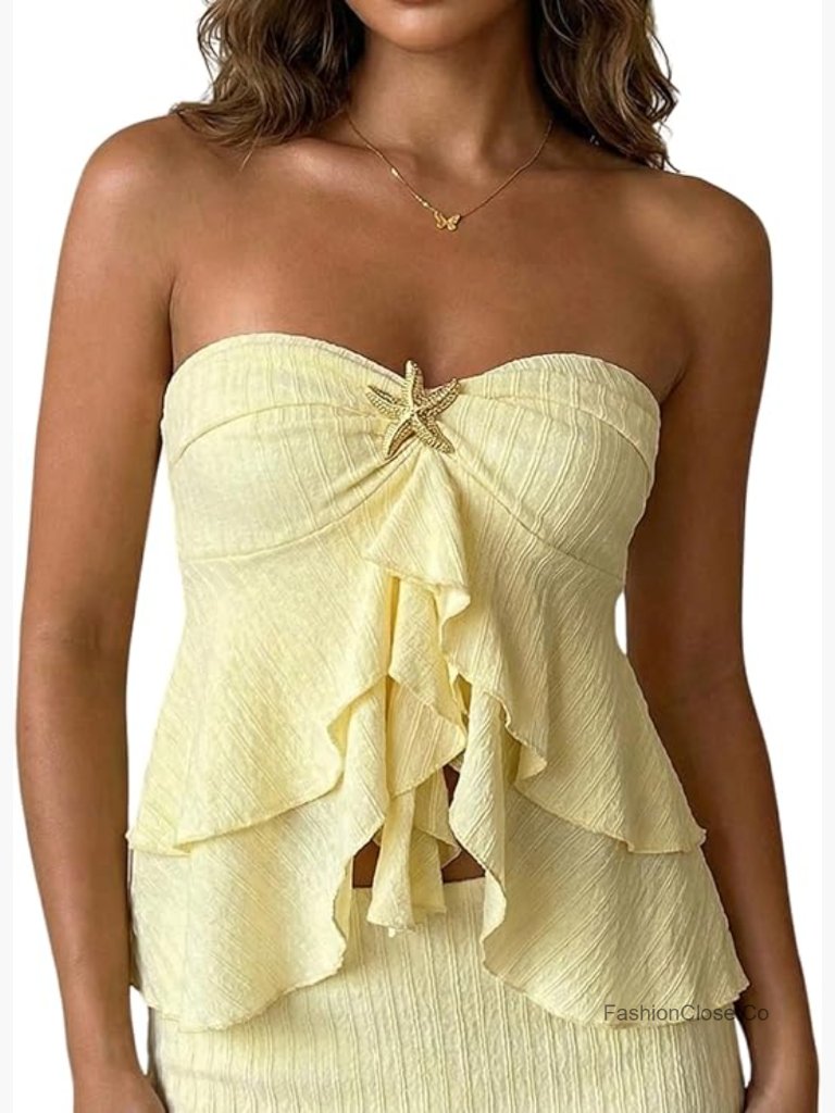 Women's Starfish Layered Ruffle Strapless Tube Top Ruched Sleeveless